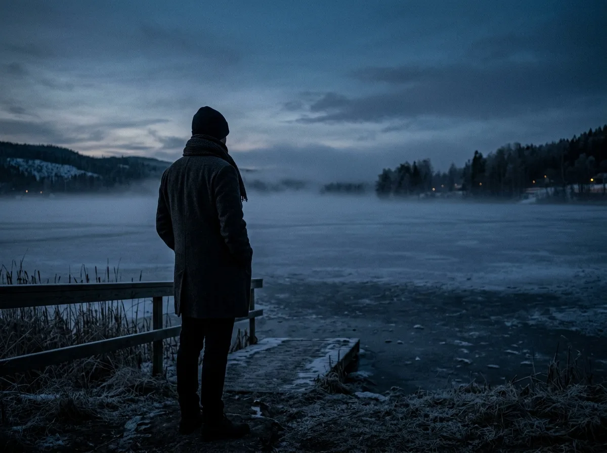 Atmospheric silhouette of mystery author Julian Kells overlooking a frozen lake in northern mist